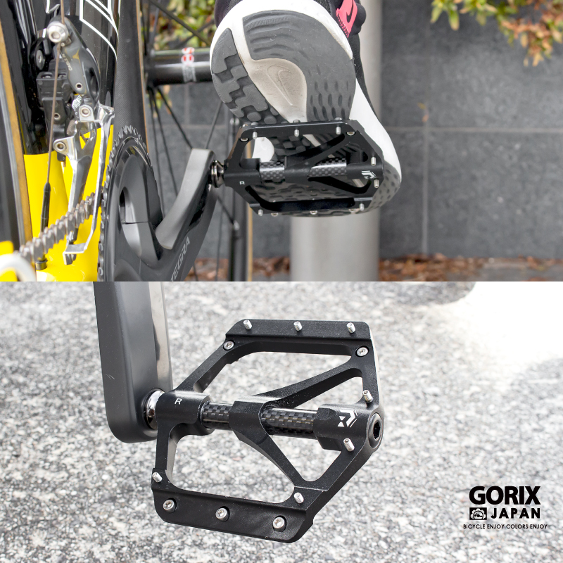 【あすつく 送料無料】GORIX 自転車ペダル 軽量 カーボン炭素繊維センターチューブ軸カバー アルミ 滑り止めピン フラット ペダル(GX-FX356) 滑らかな回転｜gottsu｜05