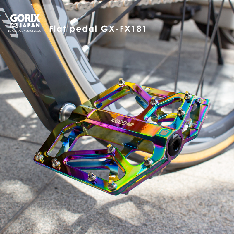 【あすつく 送料無料】GORIX フラットペダル オイルスリック 自転車ペダル (GX-FX181) 軽量 アルミ 3ベアリング 滑り止め ピン付き おしゃれ｜gottsu｜02