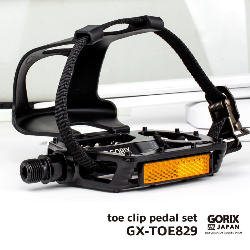 物品物品GORIX ゴリックス 自転車ペダル フラットペダル トゥークリップ ペダル セット ストラップ付き 反射板 つま先クリップ クロスバイク  (GX-TOE829) フレーム、パーツ