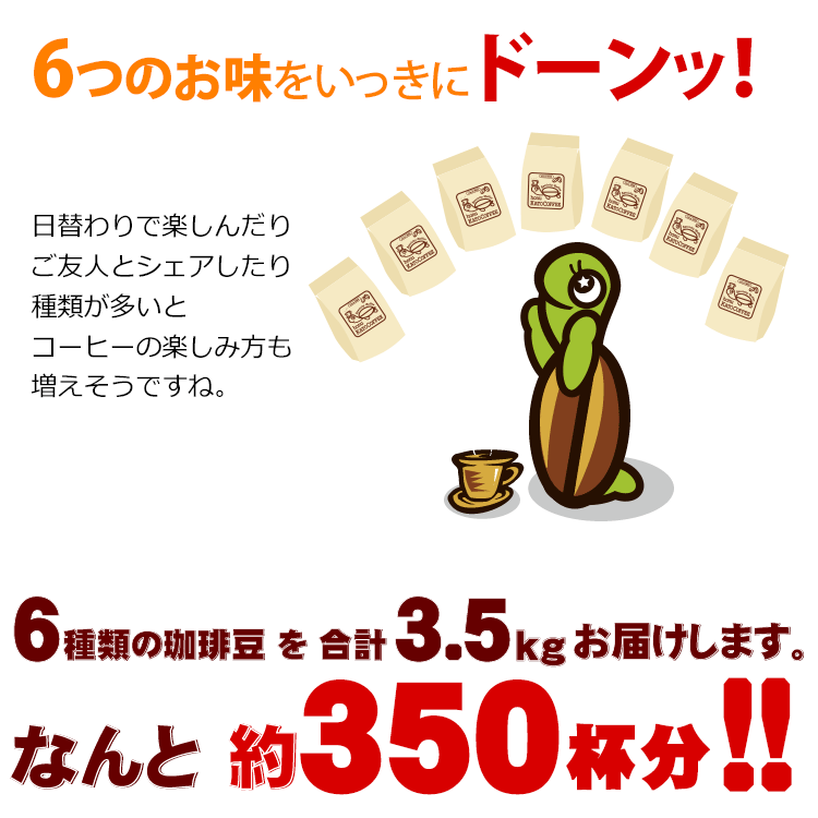 7種類のコーヒー豆各500g　合計約350杯分お届けします。