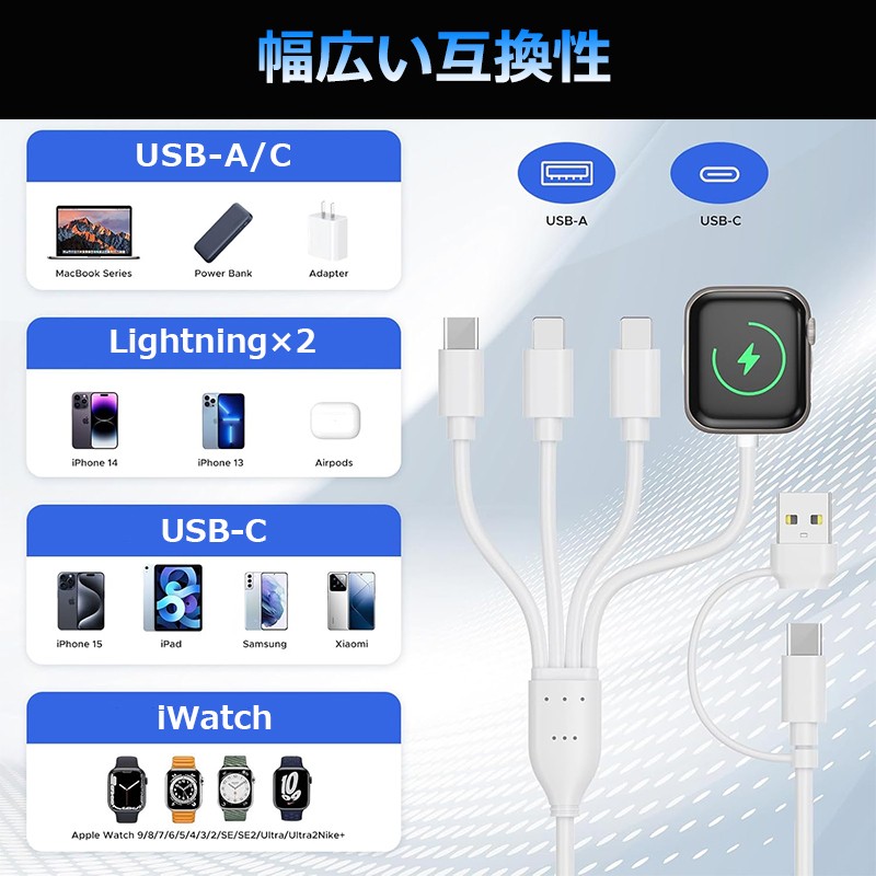 CHAFON 4in2マルチ充電ケーブル 1.2m ワイヤレス AK005 USB C A to