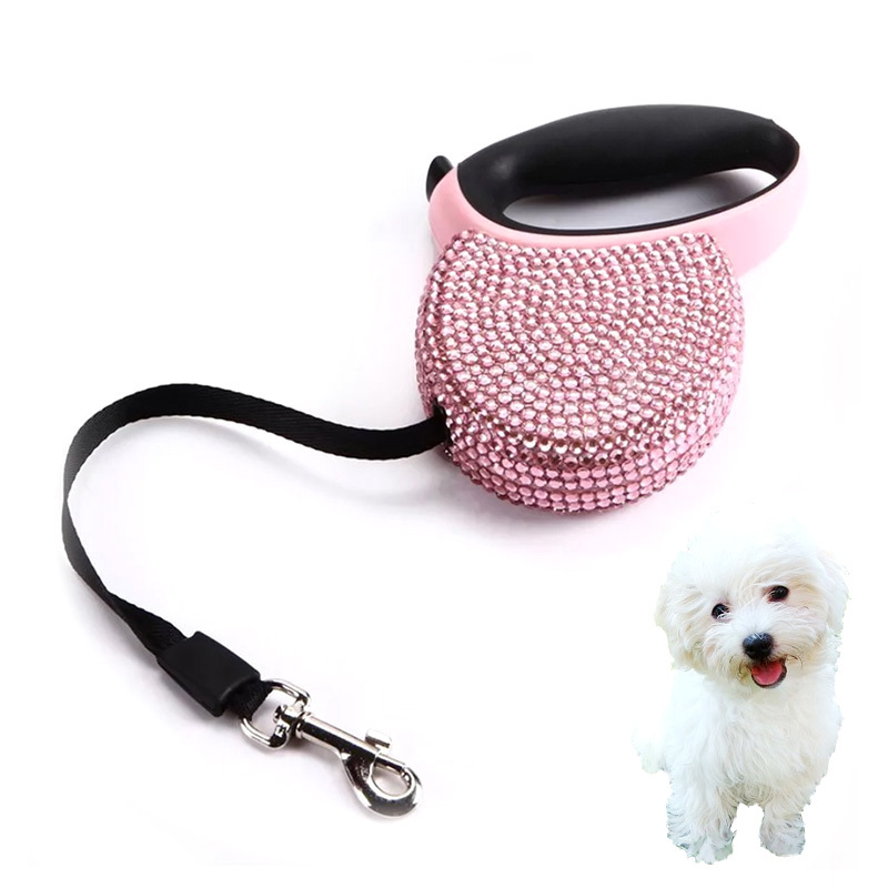 犬用リード キラキラ 伸縮リード 巻き取り式 ラインストーン 伸縮式 3m