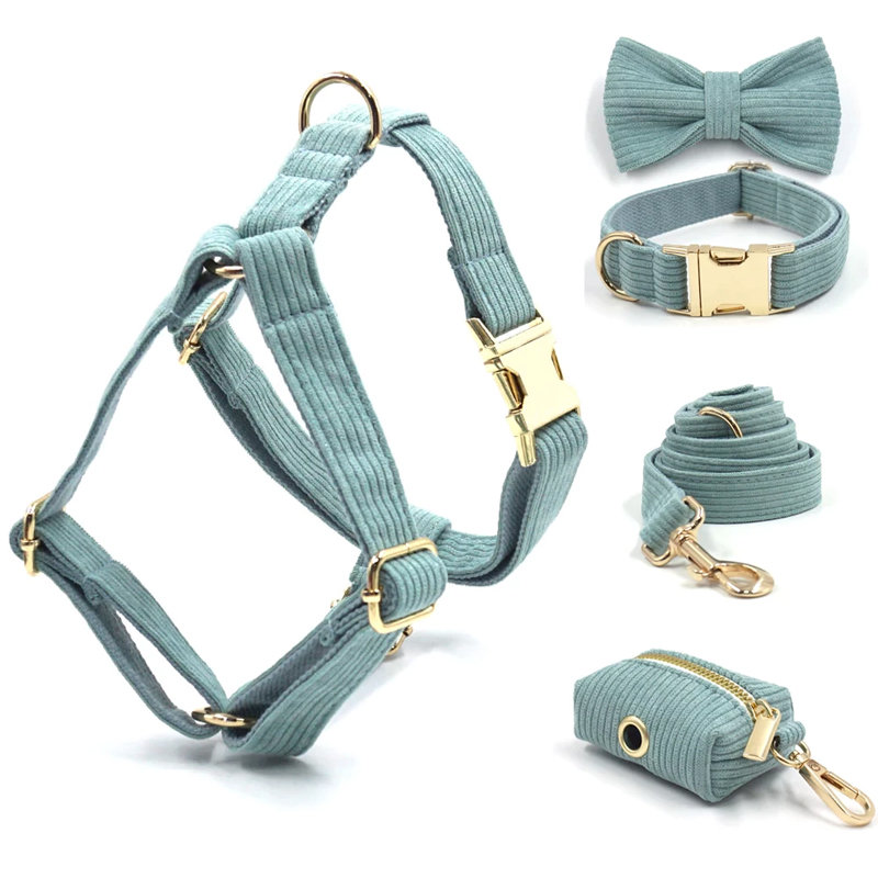 オーダー 名前 首輪 ミントグリーン ハーネスセット 犬 コーデュロイ