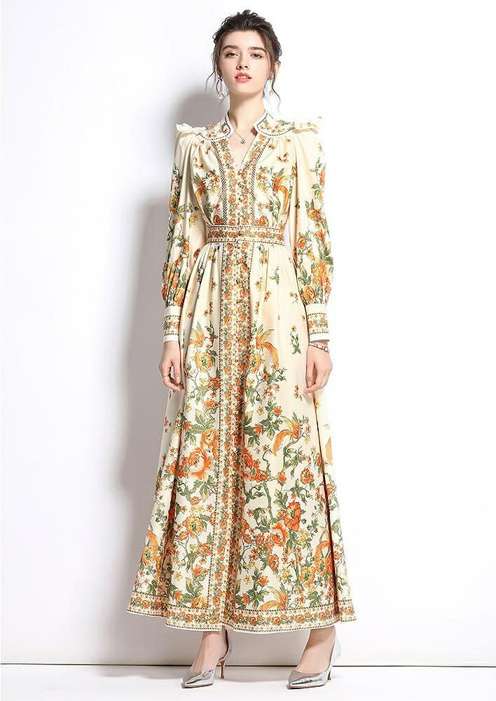 ファッションなデザイン フリル 花柄 ワンピース 服装 結婚式 パーティー ウエストマーク 大人可愛い Wgk07 食事会 フェミニン ママ 可愛い クラシカル ロング丈 総柄プリント パーティドレス サイズ 2xl Www 11thspace Com