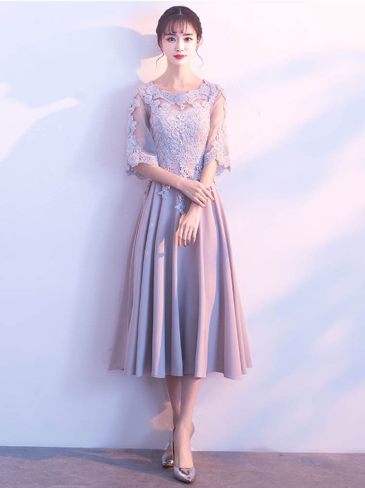 LEJA Mサイズ 新品未使用　グレー　パーティドレス セール】【LEJA】スパンコール花柄刺繍ソフトパフスリーブ