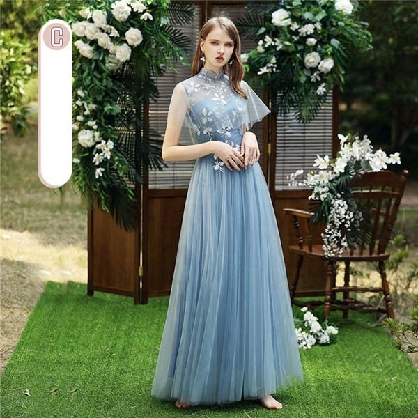 ブライズメイド ドレス ロングドレス パーティードレス ブルー 締め