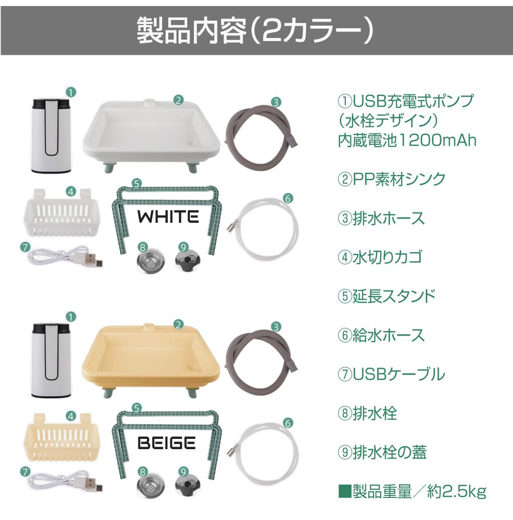 ポータブル シンク 洗面台 持ち運び 電動ポンプ USB電源 屋外 キャンプ