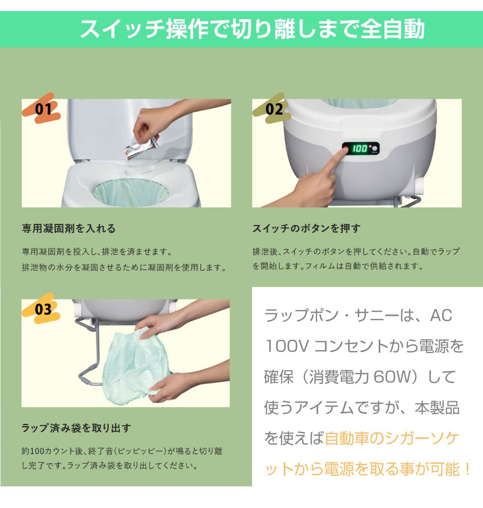 ラップポン・サニー用 DC12Vシガー電源コード C0CCCA50S | 簡易トイレ