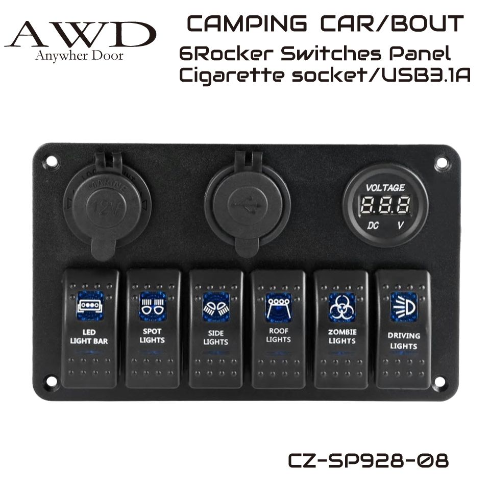 キャンピングカー/ボート 6連ロッカースイッチパネル 3.1A 2USBポート