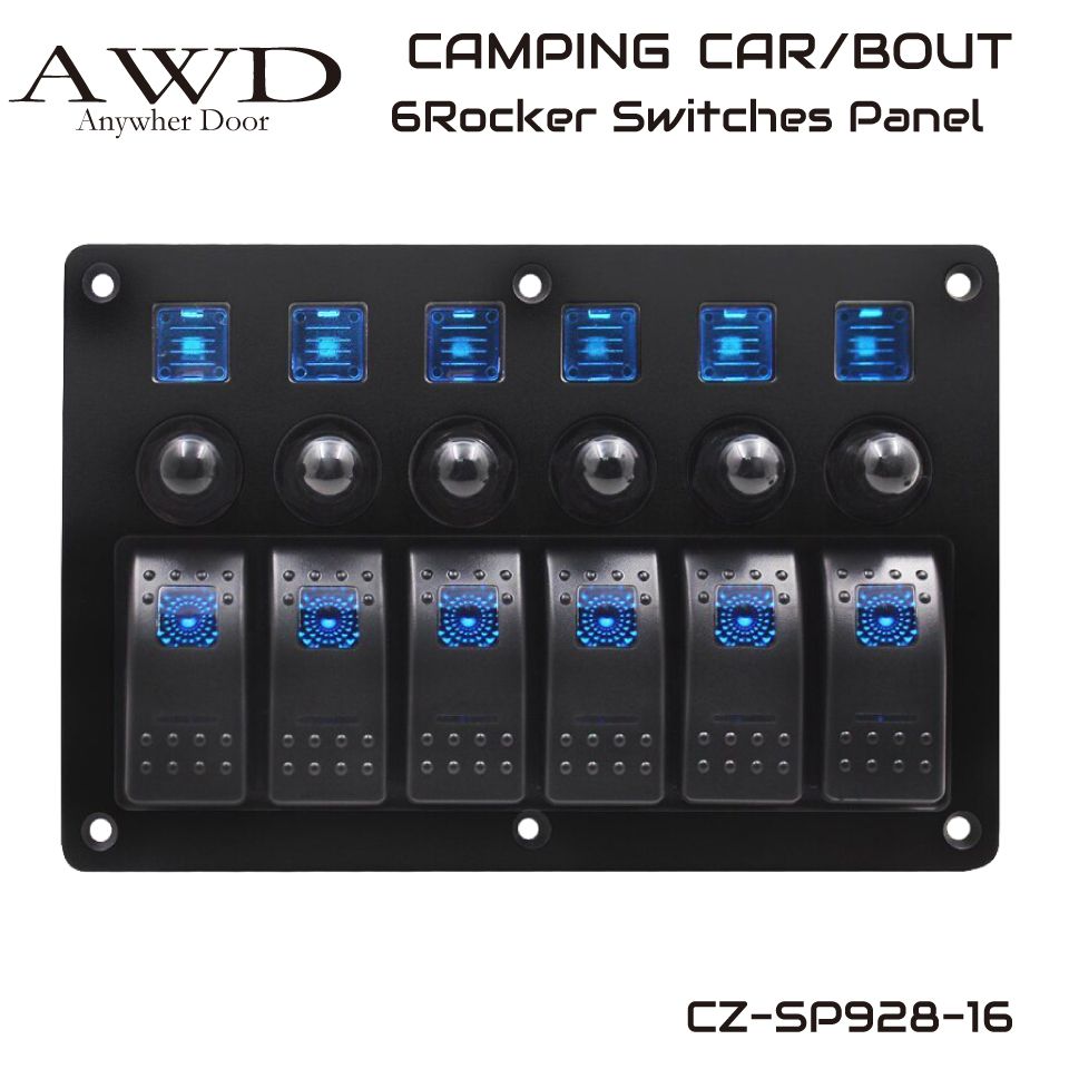 キャンピングカー/ボート 6連ロッカースイッチパネル PCレンズ ブルー