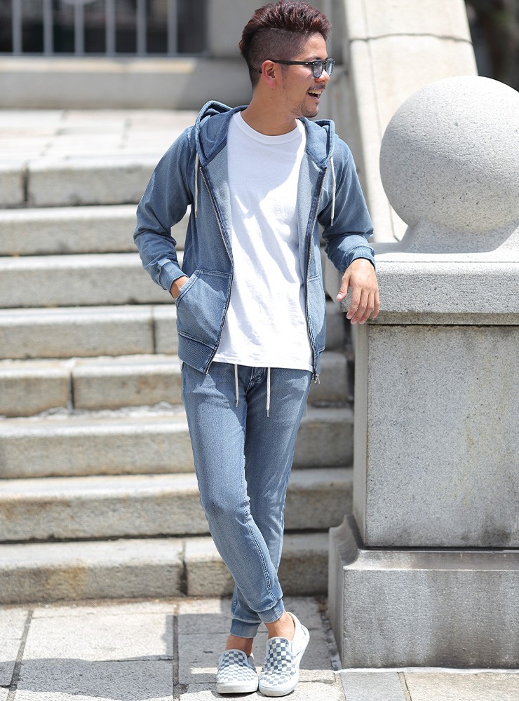 メール便送料無料 西海岸 カットデニム セットアップ パーカー ジョガーパンツ インディゴ セール30 Off Ehire Co Za