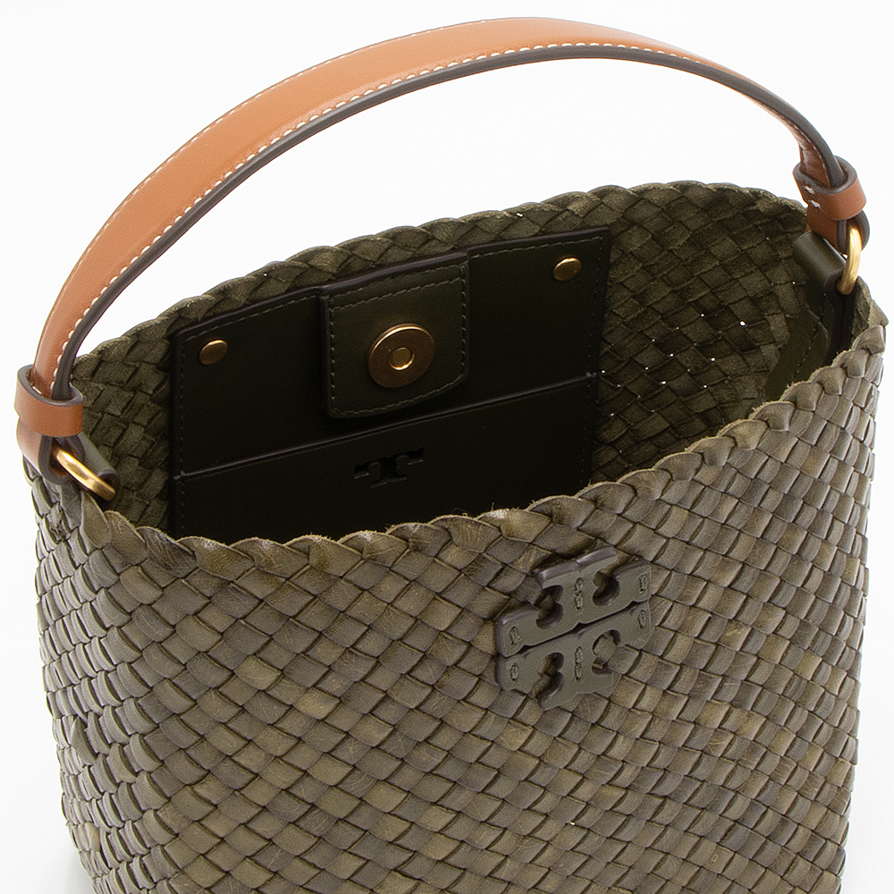 Tory Burch Mcgraw Dragon Woven Small Bucket Bag in Brown