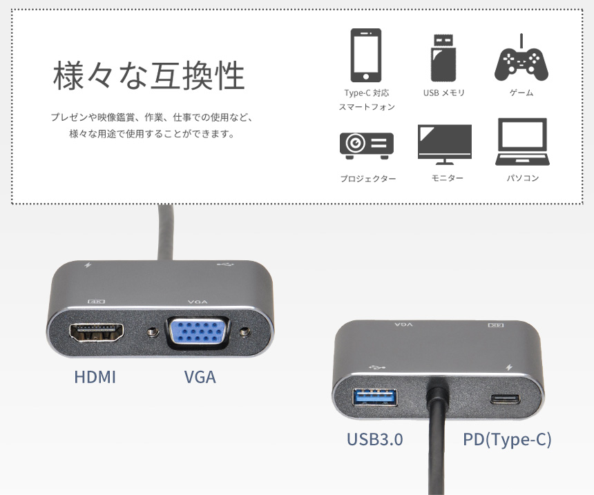 Type-C ハブ 4in1 変換アダプター USB-C 4K＠30Hz HDMI PD給電 対応 100W VGA タイプC 急速充電 軽量 スマホ タブレット PC パソコン｜grandiose｜03