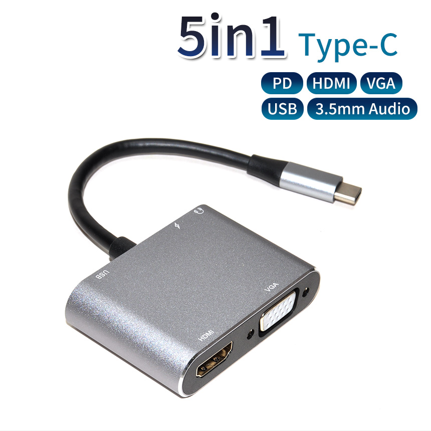 Type-C ハブ 5in1 変換アダプター USB-C 4K＠30Hz HDMI PD給電 対応 100W VGA 3.5mm Aux タイプC 急速充電 軽量 スマホ タブレット PC パソコン