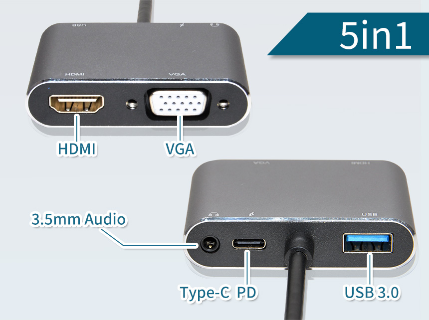 Type-C ハブ 5in1 変換アダプター USB-C 4K＠30Hz HDMI PD給電 対応 100W VGA 3.5mm Aux タイプC 急速充電 軽量 スマホ タブレット PC パソコン｜grandiose｜03