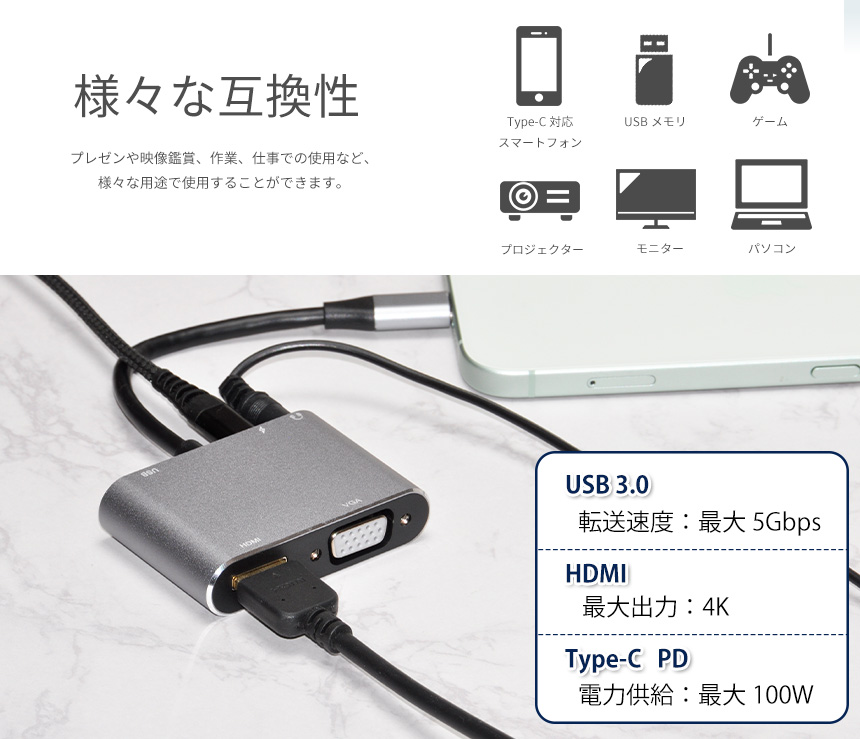 Type-C ハブ 5in1 変換アダプター USB-C 4K＠30Hz HDMI PD給電 対応 100W VGA 3.5mm Aux タイプC 急速充電 軽量 スマホ タブレット PC パソコン｜grandiose｜04