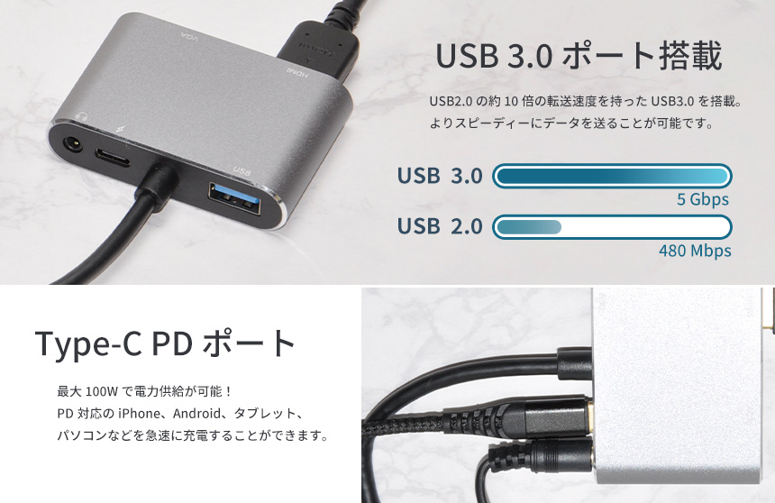 Type-C ハブ 5in1 変換アダプター USB-C 4K＠30Hz HDMI PD給電 対応 100W VGA 3.5mm Aux タイプC 急速充電 軽量 スマホ タブレット PC パソコン｜grandiose｜05