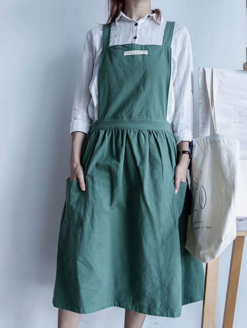 在庫一掃セール エプロン おしゃれ X型 左右ポケット付き ロング 透け