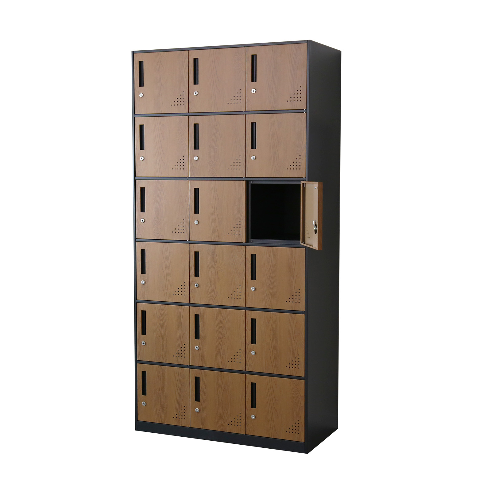 値下げ!未使用　木目調　ブラウン スチールロッカー 18人分 鍵付き DORIS（ドリス） ロッカー 18人用 スチールロッカー 3列6段 更衣