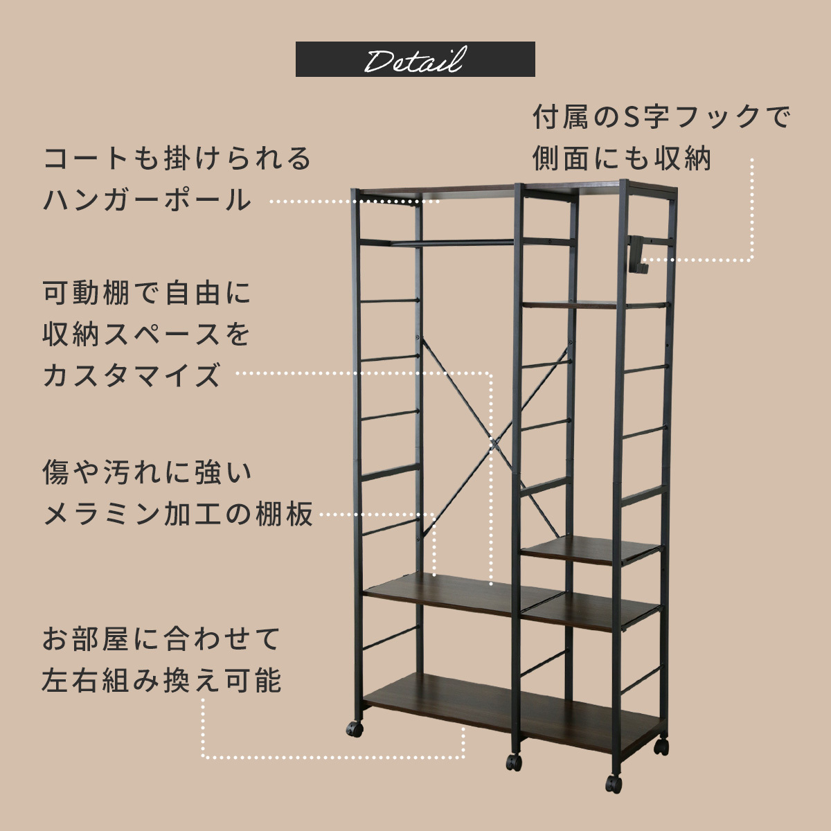 DORIS（ドリス） ハンガーラック オープンラック 収納 幅90cm 可動棚