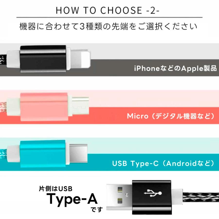 充電ケーブル iPhone Type C USB Micro 3ｍ 2ｍ 1.5ｍ 1ｍ 0.25m ケーブル 長さ カラー 強化ナイロン