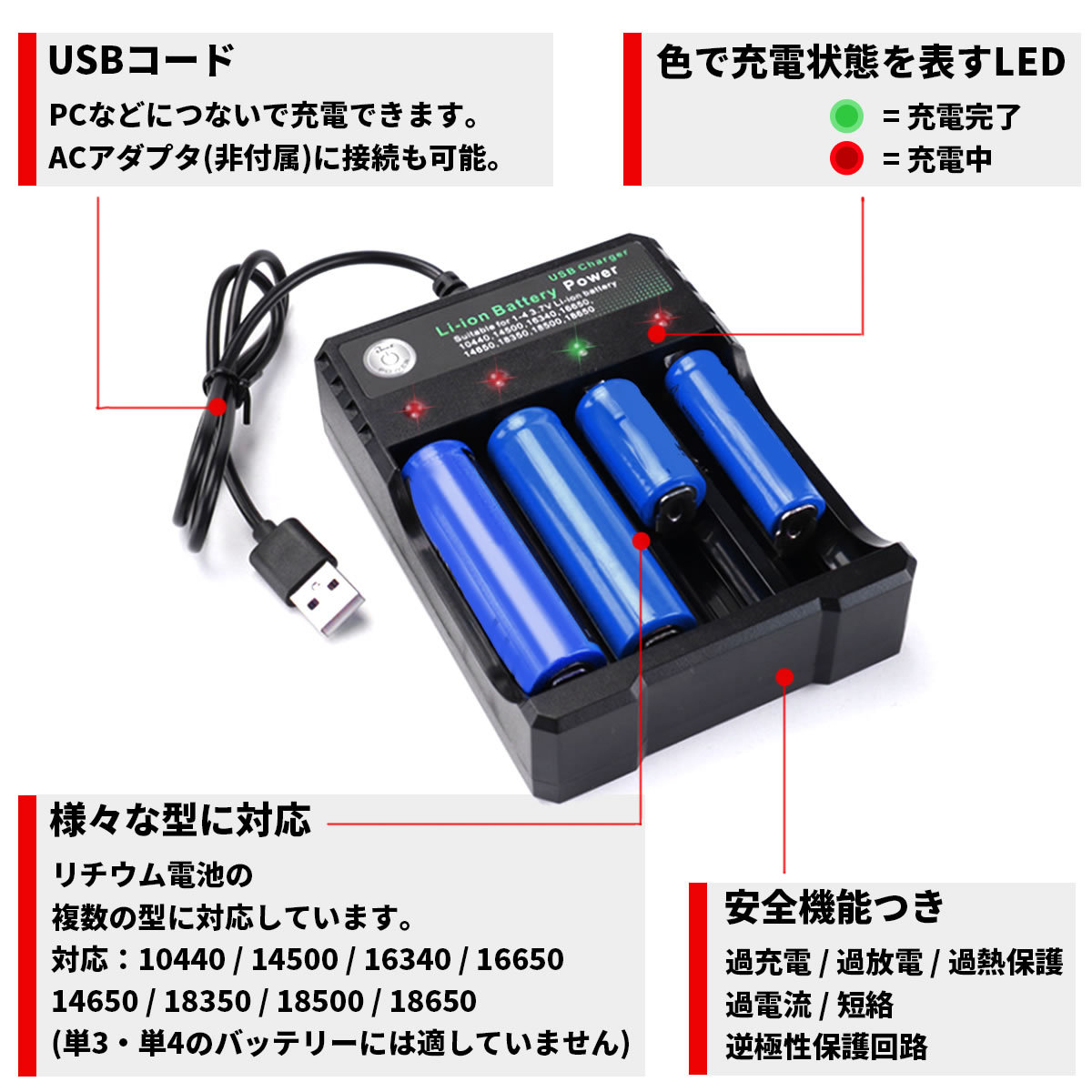 リチウムイオン充電器 セット 電池4本 おまけ付 USB電源 ヘッドライト