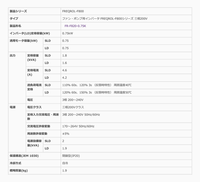 納期未定] FR-F820-0.75K-1 三相200v 適用モータ容量:0.75kw 標準構造