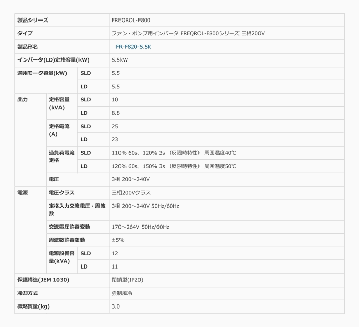 納期未定] FR-F820-5.5K-1 三相200v 適用モータ容量:5.5kw 標準構造品