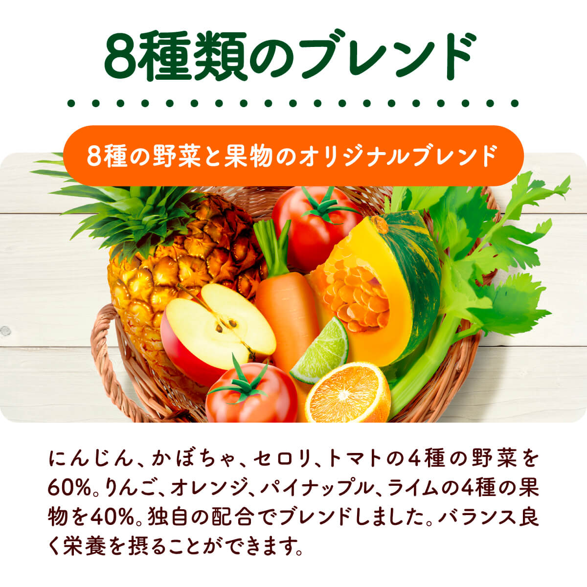 8種類のブレンド。にんじん、かぼちゃ、セロリ、トマトの4種の野菜を60％。りんご、オレンジ、パイナップル、ライムの4種の果物を40％