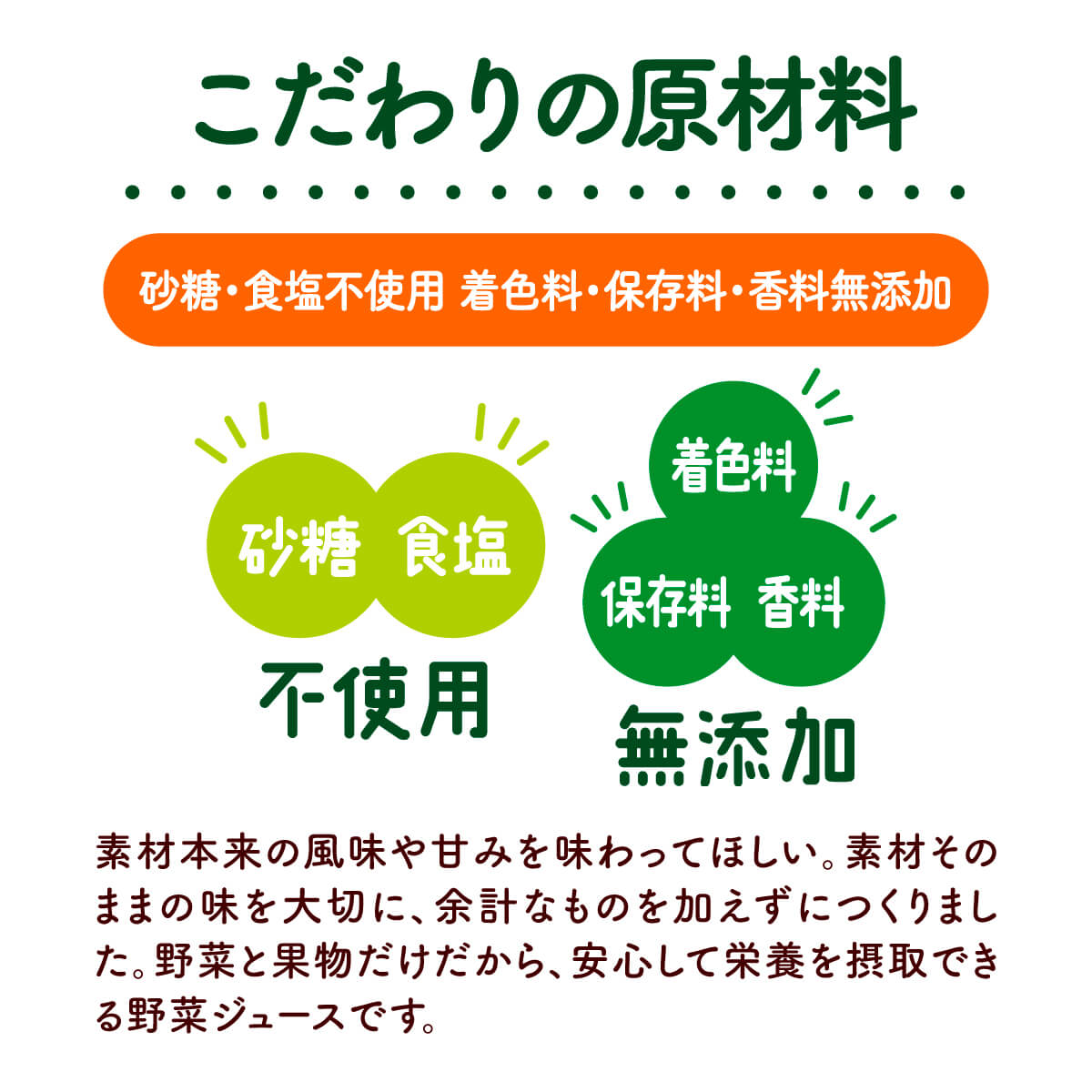 こだわりの原材料。砂糖・食塩不使用 着色料・保存料・香料無添加