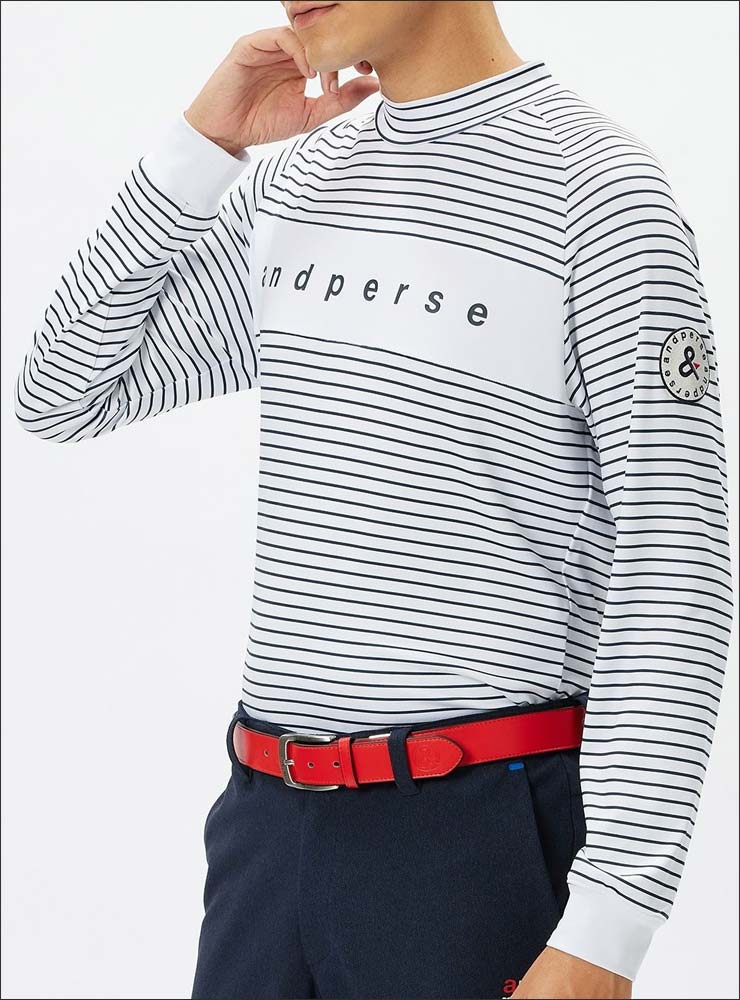 and per se（アンパスィ） スムース ボーダー モックネック 長袖シャツ