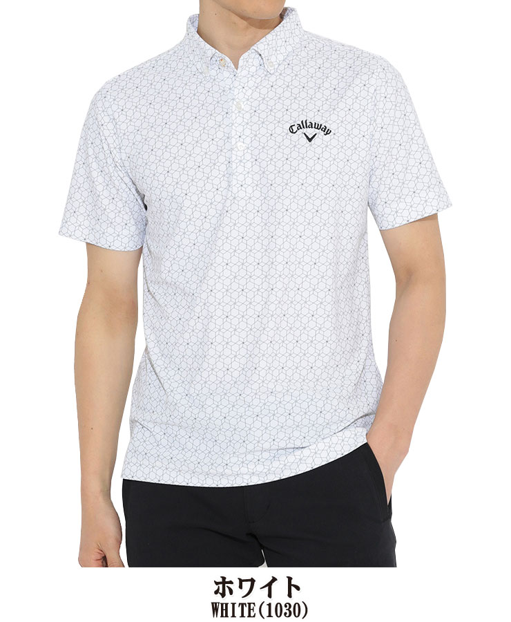 キャロウェイ メンズ ゴルフウェア 幾何学フラワープリント ボタンダウン 半袖 ポロシャツ C22134105 M-3L