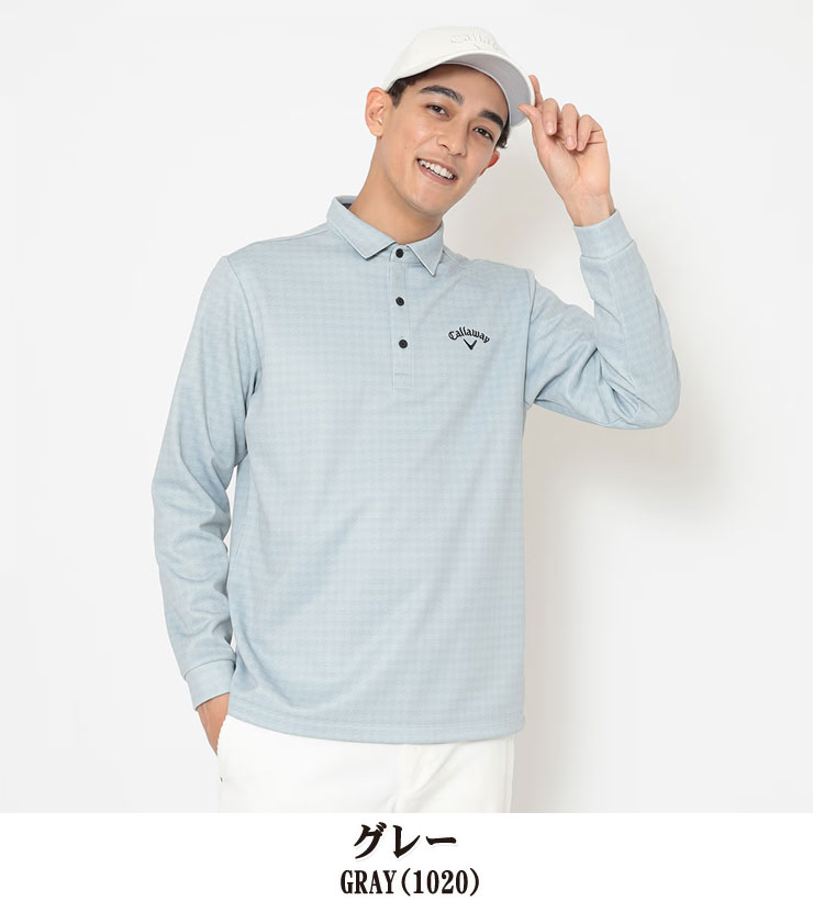 キャロウェイ 裏起毛 千鳥プリント 長袖 ポロシャツ ゴルフウェア
