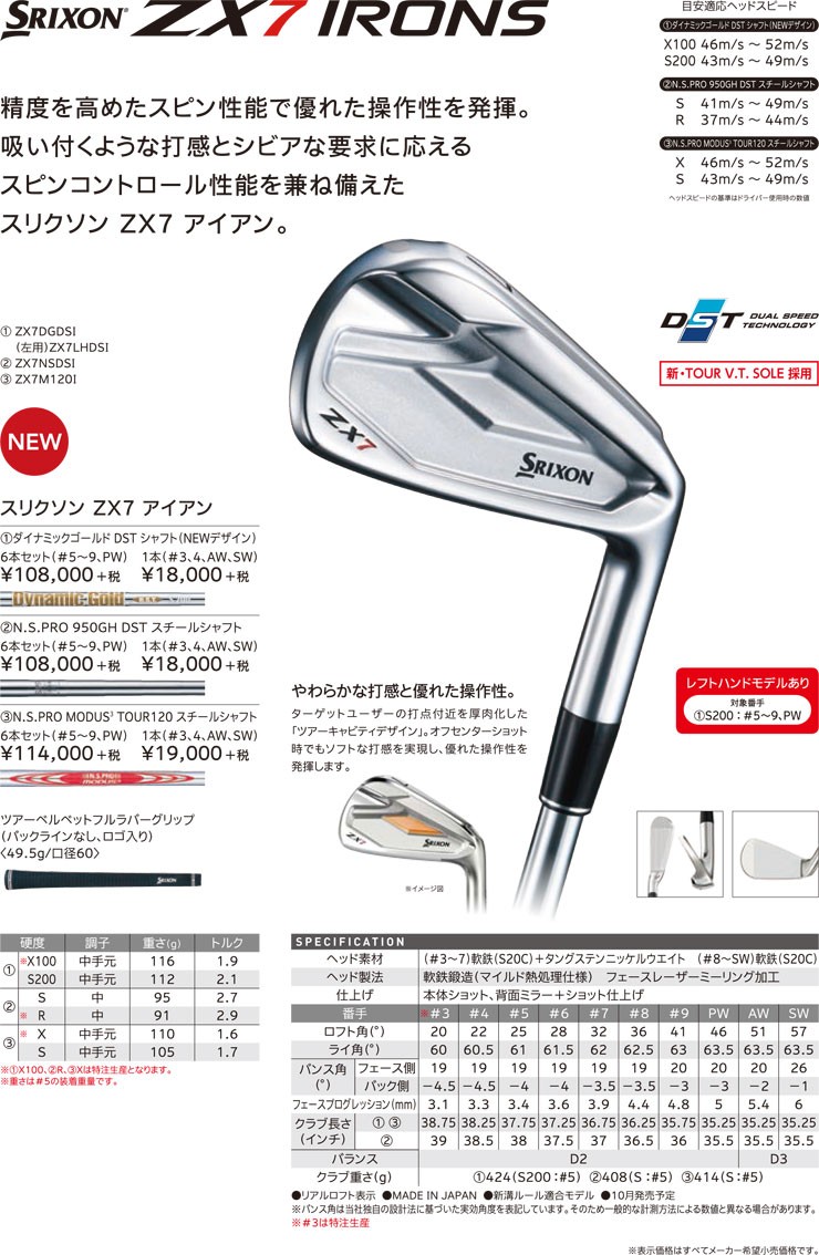 スリクソン ZX7 アイアン N.S.PRO MODUS3 TOUR120 D.S.T. スチールシャフト 単品[＃3、＃4、AW、SW]