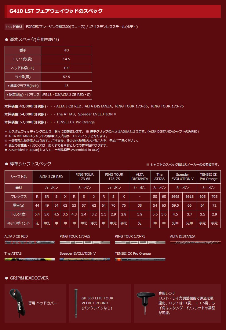 ピン G410 LST フェアウェイウッド ALTA DISTANZA シャフト