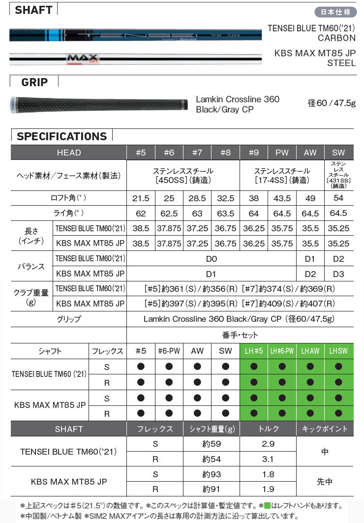 テーラーメイド SIM2 MAX アイアン KBS MAX MT85 JP シャフト 5本