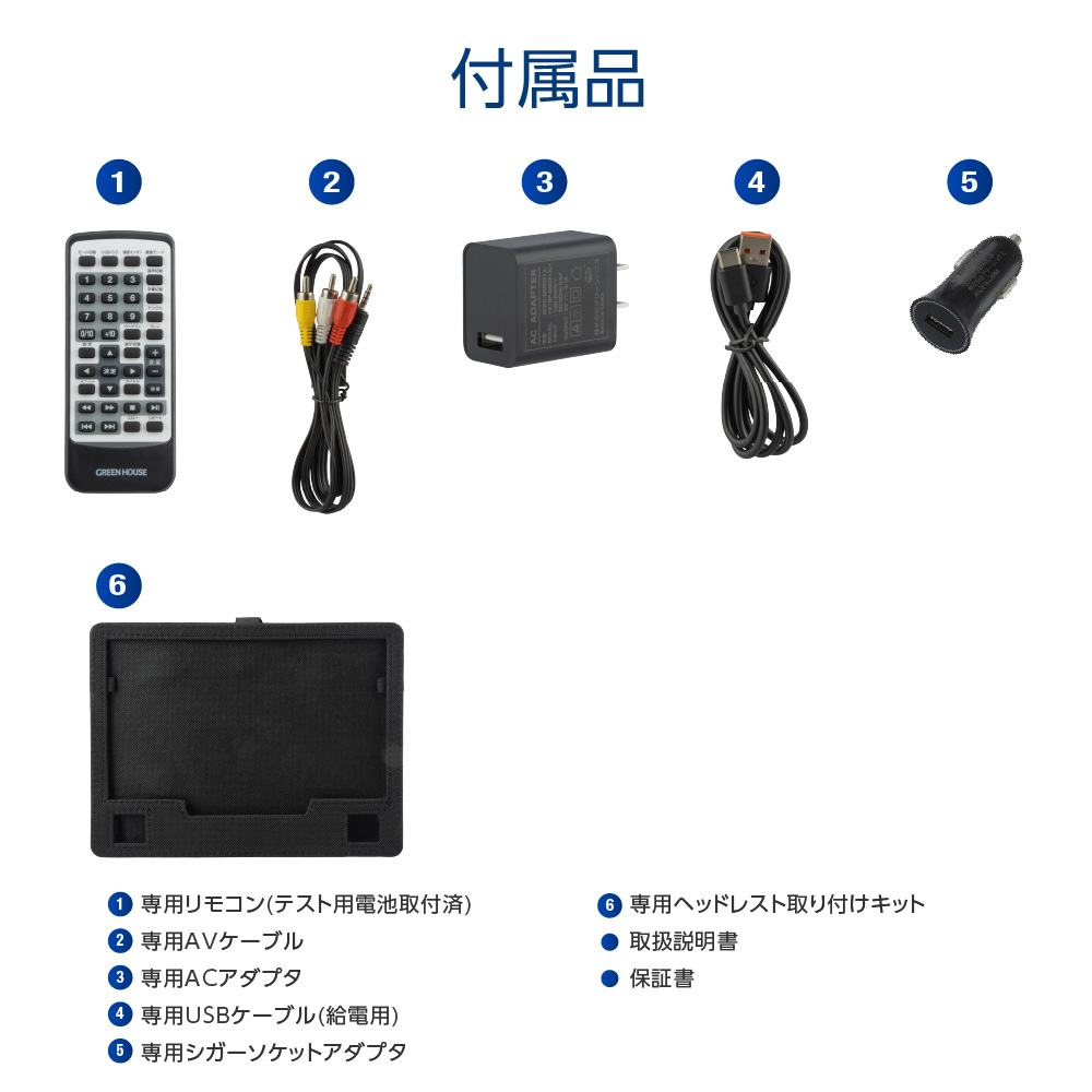 【新品】ポータブル DVDプレーヤー  バッテリー内蔵 リモコン、ヘッドレスト取り付けキット付き GREEN HOUSE（グリーンハウス） ポータブルDVDプレーヤー 10.1型
