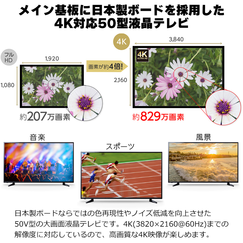 販売終了】50インチ 4K 液晶テレビ Wチューナー 直下型LEDバックライト