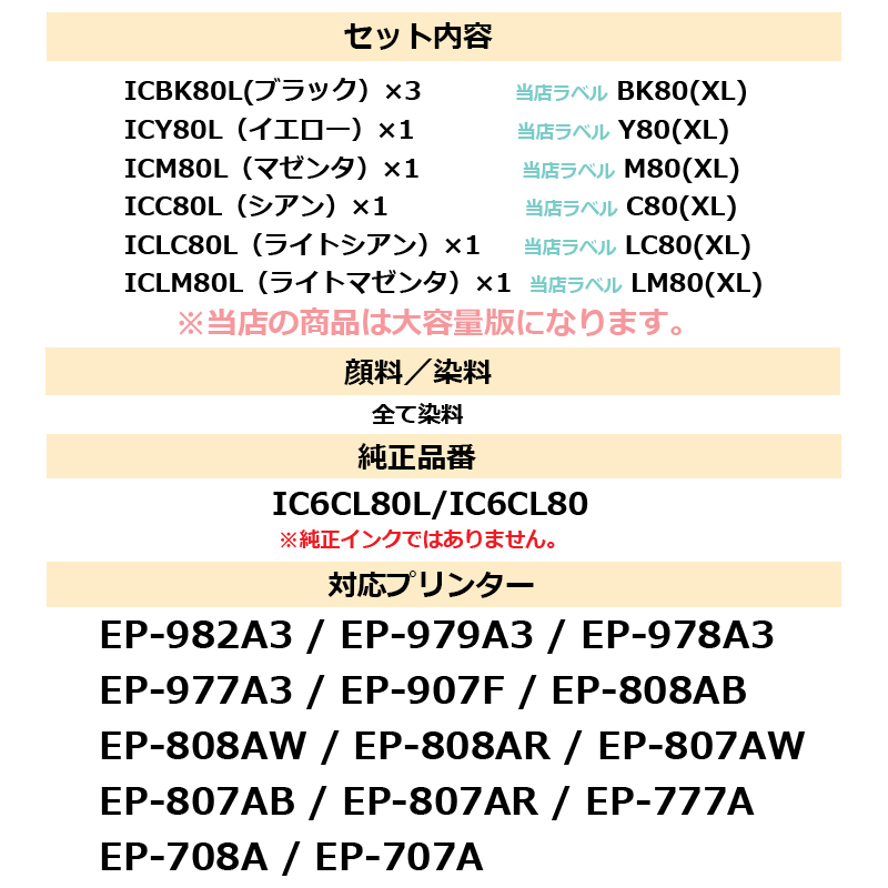 IC80 IC6CL80L 6色セット+黒2本 ICBK80L エプソン プリンターインク