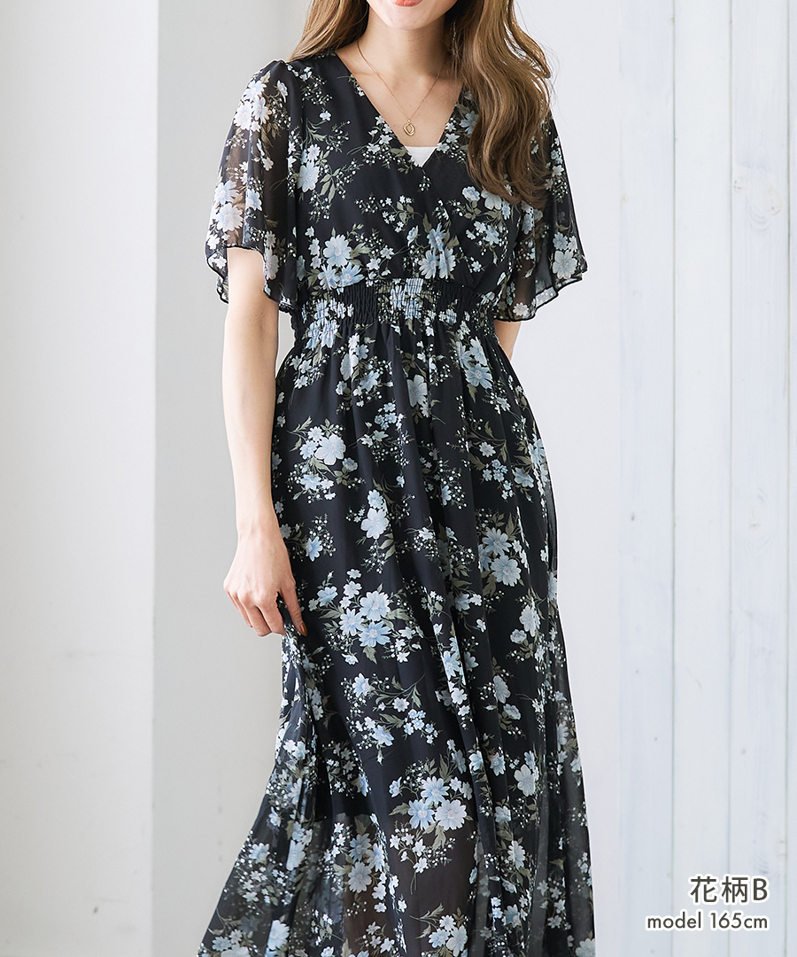 新品　総シフォン半袖ワンピース SALE ワンピース 夏 半袖 シフォンワンピース ロング リゾート