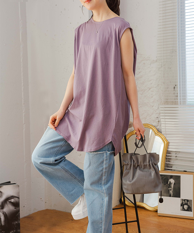 ノースリーブ tシャツ タンクトップ ロング チュニック ラウンド