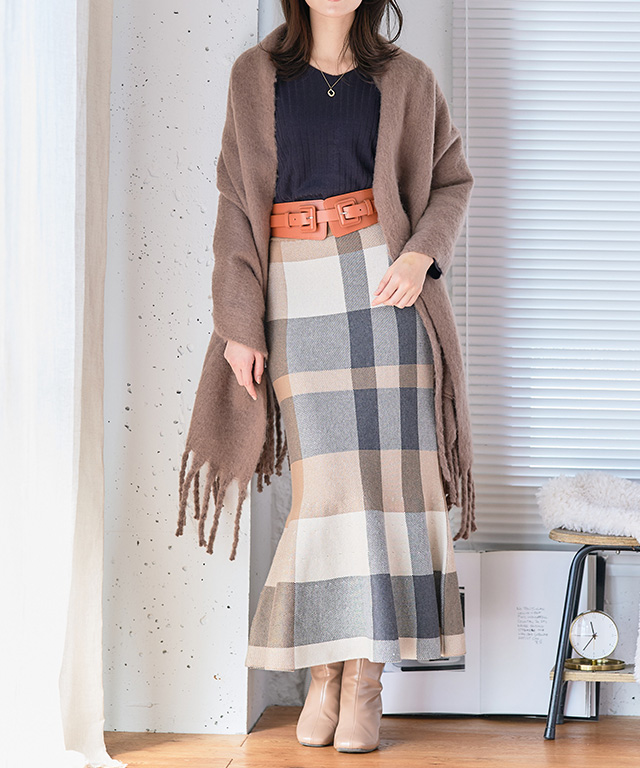 慈雨　ロングスカート　冬用　チェック　ウール素材 MAISON D AZUR＞ウール入りチェック柄スカート - ベルーナ