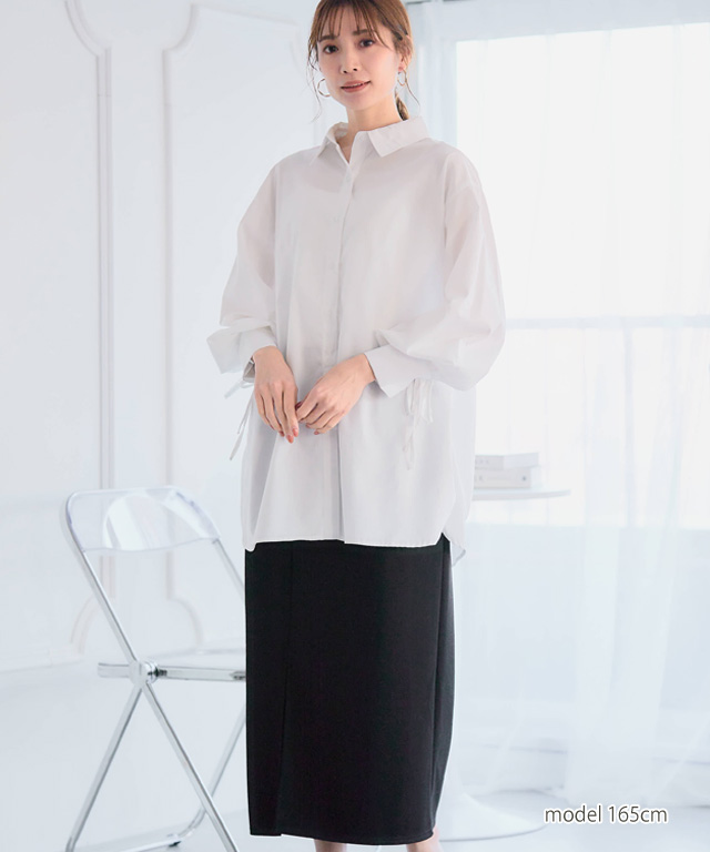 【美品】ロングリボンシャツ　Dolche. 白 シャツ レディース 長袖 オフィス 白 ブラウス リボン