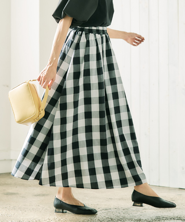 スカート チェック ギンガム ロング マキシ ボリュームスカート フレア