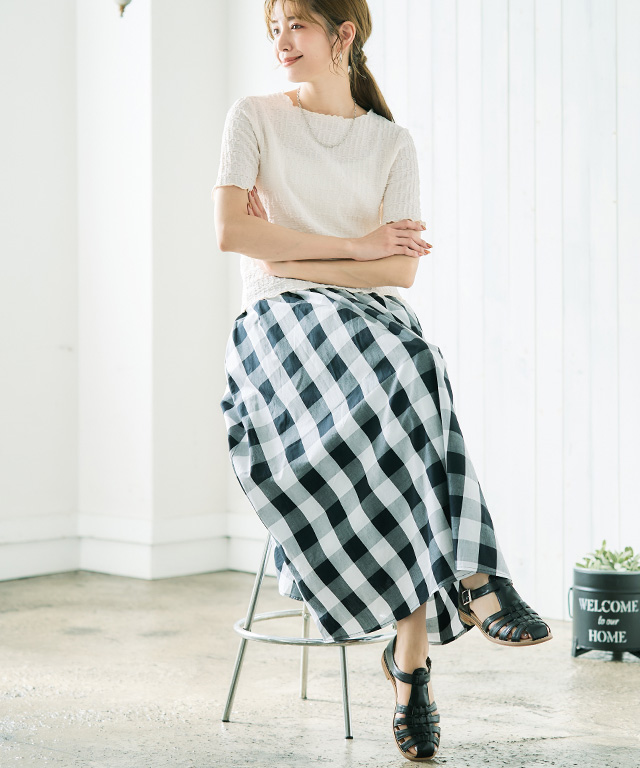 スカート チェック ギンガム ロング マキシ ボリュームスカート フレア