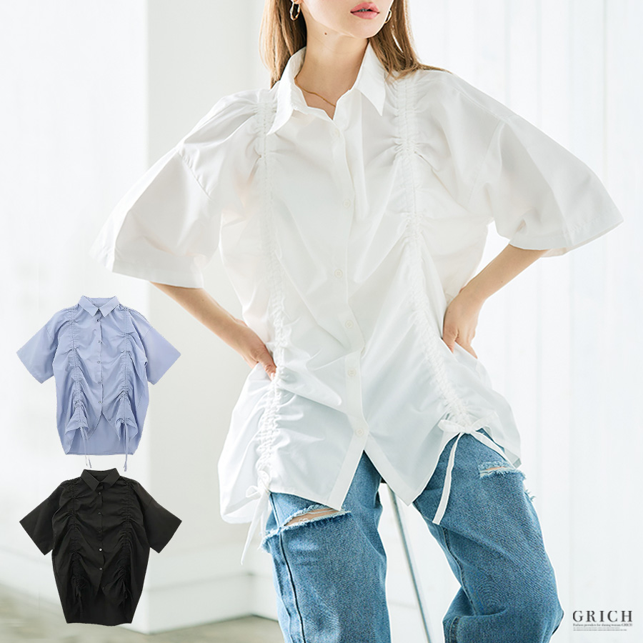 トップス レディース 半袖 シャツ ブラウス シャーリング リボン 絞り