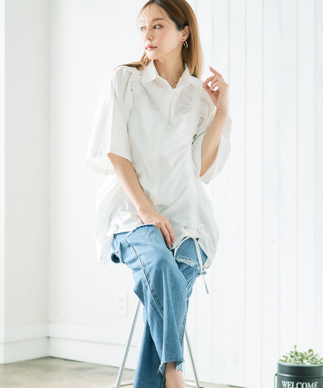 トップス レディース 半袖 シャツ ブラウス シャーリング リボン 絞り