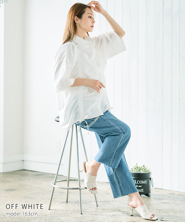 トップス レディース 半袖 シャツ ブラウス シャーリング リボン 絞り