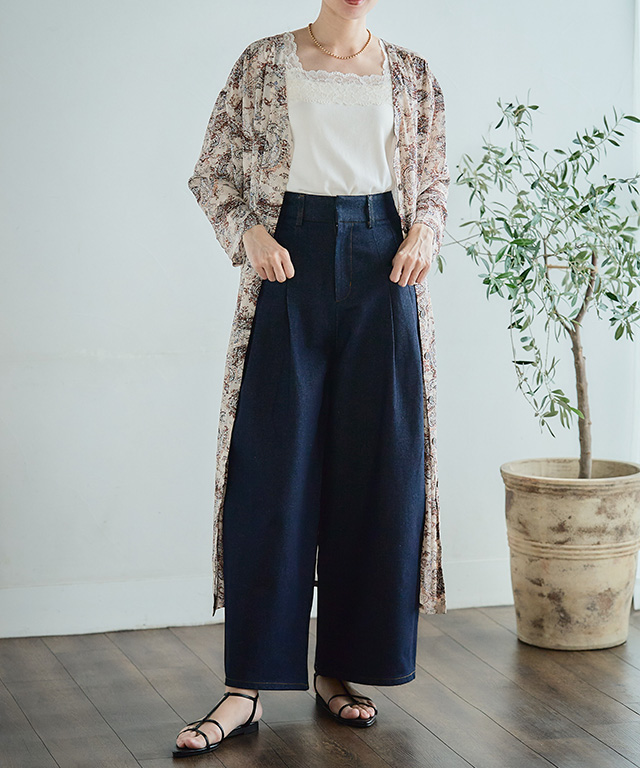 タック入り デニム ワイドパンツ パンツ レディース リジット