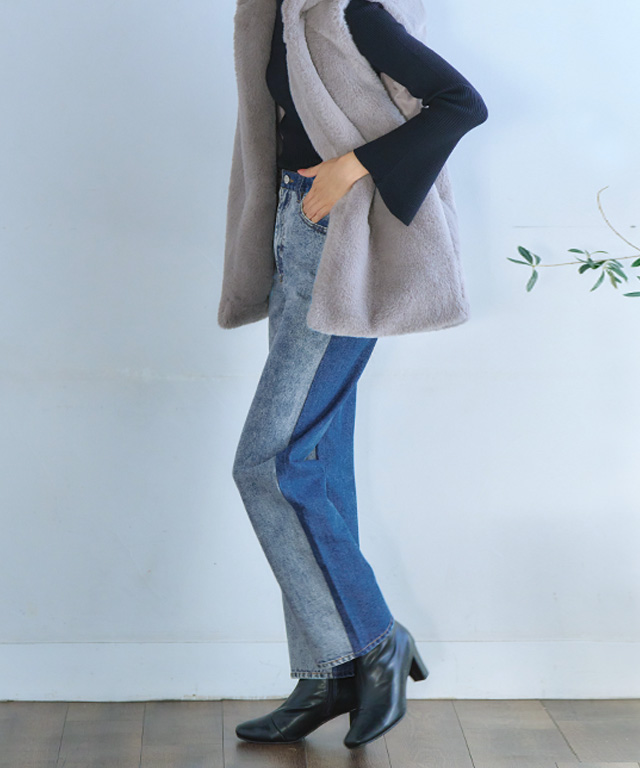 全2色 デニムパンツ バイカラー ロゴ ワイドパンツ ストレート デニム パンツ ボトムス レディース ストレート ストレート
